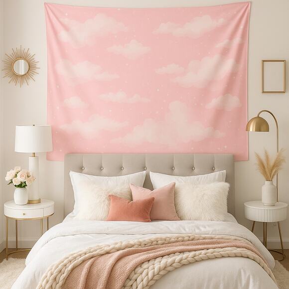 Huge Pink Pastel Cloud Mural Tapestry Photo Selfie Backdrop Cloth Cute Baby Girl - Picture 1 of 1